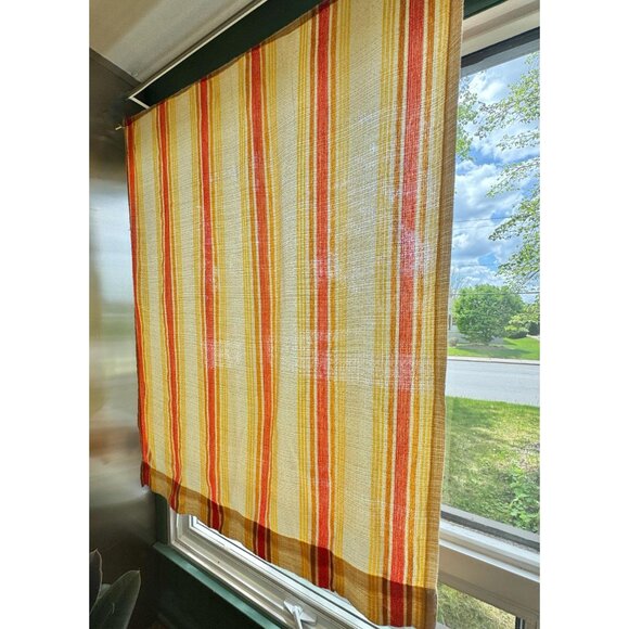 Vintage 1970s curtain, beige, yellow orange stripes, rod header - Picture 2 of 10